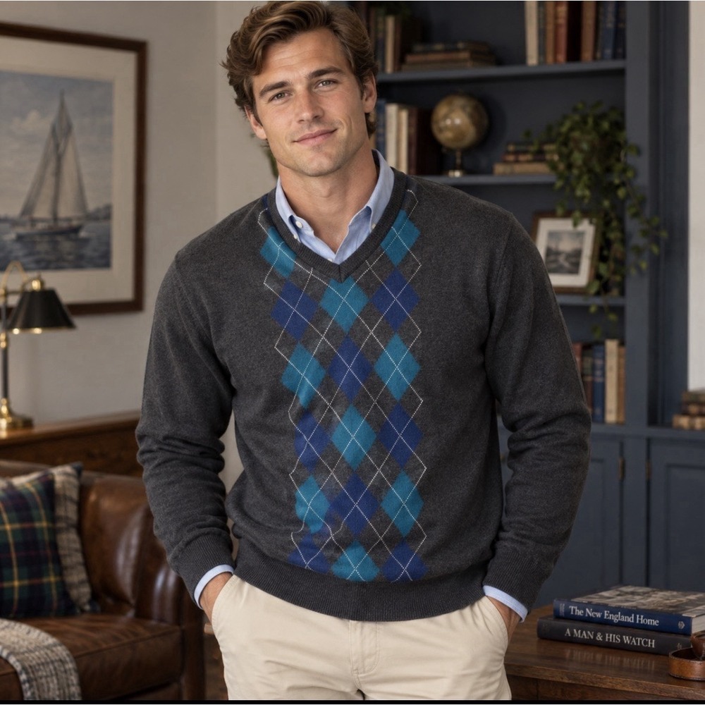 Jos A Bank Executive Collection Mens XXL Argyle Sweater Gray Blue V-Neck Cotton